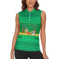 Brazil Christmas Women Sleeveless Polo Shirt with Santa Relaxing in Hammock Palm Trees Snowman and Tribal Pattern Design - Wonder Print Shop