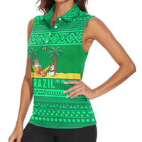Brazil Christmas Women Sleeveless Polo Shirt with Santa Relaxing in Hammock Palm Trees Snowman and Tribal Pattern Design - Wonder Print Shop