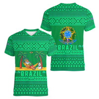 Brazil Christmas Women V-Neck T-Shirt with Santa Relaxing in Hammock Palm Trees Snowman and Tribal Pattern Design - Wonder Print Shop