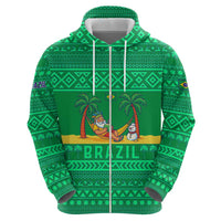 Brazil Christmas Zip Hoodie with Santa Relaxing in Hammock Palm Trees Snowman and Tribal Pattern Design - Wonder Print Shop