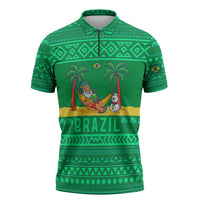 Brazil Christmas Zipper Polo Shirt with Santa Relaxing in Hammock Palm Trees Snowman and Tribal Pattern Design - Wonder Print Shop