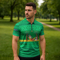 Brazil Christmas Zipper Polo Shirt with Santa Relaxing in Hammock Palm Trees Snowman and Tribal Pattern Design - Wonder Print Shop