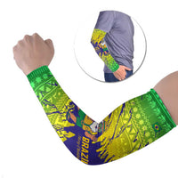 Brazil Christmas Arm Sleeves with Tropical Santa Tribal Pattern National Colors and Merry Christmas Text Design - Wonder Print Shop