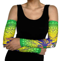 Brazil Christmas Arm Sleeves with Tropical Santa Tribal Pattern National Colors and Merry Christmas Text Design - Wonder Print Shop