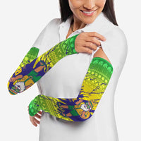 Brazil Christmas Arm Sleeves with Tropical Santa Tribal Pattern National Colors and Merry Christmas Text Design - Wonder Print Shop