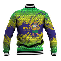 Brazil Christmas Baseball Jacket with Tropical Santa Tribal Pattern National Colors and Merry Christmas Text Design - Wonder Print Shop