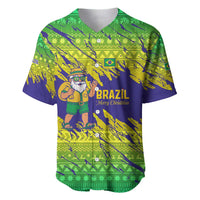 Brazil Christmas Baseball Jersey with Tropical Santa Tribal Pattern National Colors and Merry Christmas Text Design - Wonder Print Shop