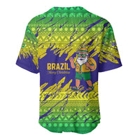 Brazil Christmas Baseball Jersey with Tropical Santa Tribal Pattern National Colors and Merry Christmas Text Design - Wonder Print Shop