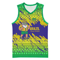 Brazil Christmas Basketball Jersey with Tropical Santa Tribal Pattern National Colors and Merry Christmas Text Design - Wonder Print Shop