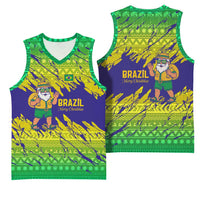 Brazil Christmas Basketball Jersey with Tropical Santa Tribal Pattern National Colors and Merry Christmas Text Design - Wonder Print Shop