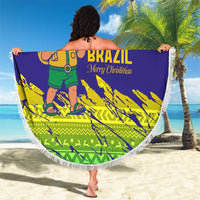 Brazil Christmas Beach Blanket with Tropical Santa Tribal Pattern National Colors and Merry Christmas Text Design - Wonder Print Shop