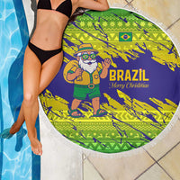Brazil Christmas Beach Blanket with Tropical Santa Tribal Pattern National Colors and Merry Christmas Text Design - Wonder Print Shop