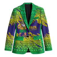Brazil Christmas Blazer with Tropical Santa Tribal Pattern National Colors and Merry Christmas Text Design - Wonder Print Shop