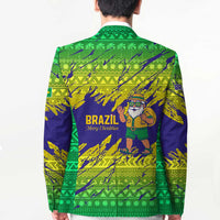 Brazil Christmas Blazer with Tropical Santa Tribal Pattern National Colors and Merry Christmas Text Design - Wonder Print Shop