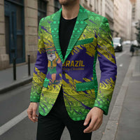 Brazil Christmas Blazer with Tropical Santa Tribal Pattern National Colors and Merry Christmas Text Design - Wonder Print Shop