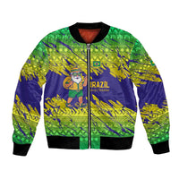 Brazil Christmas Bomber Jacket with Tropical Santa Tribal Pattern National Colors and Merry Christmas Text Design - Wonder Print Shop