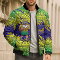 Brazil Christmas Bomber Puffer Jacket with Tropical Santa Tribal Pattern National Colors and Merry Christmas Text Design - Wonder Print Shop