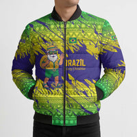 Brazil Christmas Bomber Puffer Jacket with Tropical Santa Tribal Pattern National Colors and Merry Christmas Text Design - Wonder Print Shop
