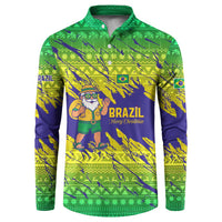 Brazil Christmas Button Sweatshirt with Tropical Santa Tribal Pattern National Colors and Merry Christmas Text Design - Wonder Print Shop