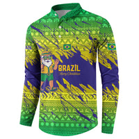 Brazil Christmas Button Sweatshirt with Tropical Santa Tribal Pattern National Colors and Merry Christmas Text Design - Wonder Print Shop