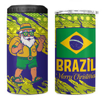 Brazil Christmas 4 in 1 Can Cooler Tumbler with Tropical Santa Tribal Pattern National Colors and Merry Christmas Text Design - Wonder Print Shop