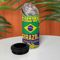 Brazil Christmas 4 in 1 Can Cooler Tumbler with Tropical Santa Tribal Pattern National Colors and Merry Christmas Text Design - Wonder Print Shop
