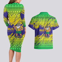 Brazil Christmas Couples Matching Long Sleeve Bodycon Dress and Hawaiian Shirt with Tropical Santa Tribal Pattern National Colors and Merry Christmas Text Design - Wonder Print Shop