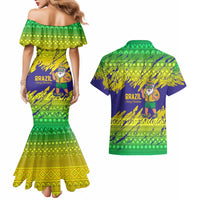 Brazil Christmas Couples Matching Mermaid Dress and Hawaiian Shirt with Tropical Santa Tribal Pattern National Colors and Merry Christmas Text Design - Wonder Print Shop