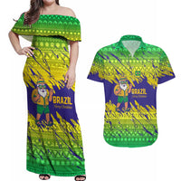 Brazil Christmas Couples Matching Off Shoulder Maxi Dress and Hawaiian Shirt with Tropical Santa Tribal Pattern National Colors and Merry Christmas Text Design - Wonder Print Shop