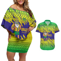 Brazil Christmas Couples Matching Off Shoulder Short Dress and Hawaiian Shirt with Tropical Santa Tribal Pattern National Colors and Merry Christmas Text Design - Wonder Print Shop