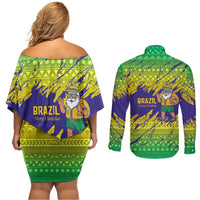 Brazil Christmas Couples Matching Off Shoulder Short Dress and Long Sleeve Button Shirt with Tropical Santa Tribal Pattern National Colors and Merry Christmas Text Design - Wonder Print Shop