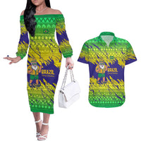 Brazil Christmas Couples Matching Off The Shoulder Long Sleeve Dress and Hawaiian Shirt with Tropical Santa Tribal Pattern National Colors and Merry Christmas Text Design - Wonder Print Shop