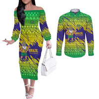 Brazil Christmas Couples Matching Off The Shoulder Long Sleeve Dress and Long Sleeve Button Shirt with Tropical Santa Tribal Pattern National Colors and Merry Christmas Text Design - Wonder Print Shop