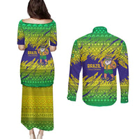 Brazil Christmas Couples Matching Puletasi and Long Sleeve Button Shirt with Tropical Santa Tribal Pattern National Colors and Merry Christmas Text Design - Wonder Print Shop