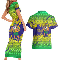 Brazil Christmas Couples Matching Short Sleeve Bodycon Dress and Hawaiian Shirt with Tropical Santa Tribal Pattern National Colors and Merry Christmas Text Design - Wonder Print Shop