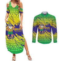 Brazil Christmas Couples Matching Summer Maxi Dress and Long Sleeve Button Shirt with Tropical Santa Tribal Pattern National Colors and Merry Christmas Text Design - Wonder Print Shop