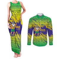 Brazil Christmas Couples Matching Tank Maxi Dress and Long Sleeve Button Shirt with Tropical Santa Tribal Pattern National Colors and Merry Christmas Text Design - Wonder Print Shop