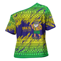 Brazil Christmas Cross Shoulder Shirt with Tropical Santa Tribal Pattern National Colors and Merry Christmas Text Design - Wonder Print Shop