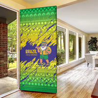 Brazil Christmas Door Cover with Tropical Santa Tribal Pattern National Colors and Merry Christmas Text Design - Wonder Print Shop