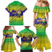 Brazil Christmas Family Matching Mermaid Dress and Hawaiian Shirt with Tropical Santa Tribal Pattern National Colors and Merry Christmas Text Design - Wonder Print Shop