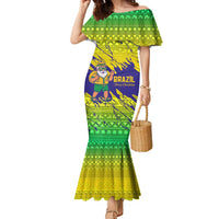 Brazil Christmas Family Matching Mermaid Dress and Hawaiian Shirt with Tropical Santa Tribal Pattern National Colors and Merry Christmas Text Design - Wonder Print Shop