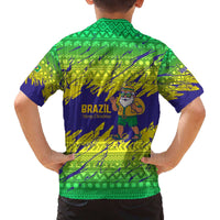Brazil Christmas Family Matching Off The Shoulder Long Sleeve Dress and Hawaiian Shirt with Tropical Santa Tribal Pattern National Colors and Merry Christmas Text Design - Wonder Print Shop