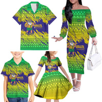 Brazil Christmas Family Matching Off The Shoulder Long Sleeve Dress and Hawaiian Shirt with Tropical Santa Tribal Pattern National Colors and Merry Christmas Text Design - Wonder Print Shop