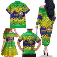 Brazil Christmas Family Matching Off The Shoulder Long Sleeve Dress and Hawaiian Shirt with Tropical Santa Tribal Pattern National Colors and Merry Christmas Text Design - Wonder Print Shop
