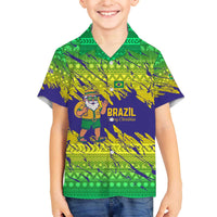 Brazil Christmas Family Matching Off The Shoulder Long Sleeve Dress and Hawaiian Shirt with Tropical Santa Tribal Pattern National Colors and Merry Christmas Text Design - Wonder Print Shop