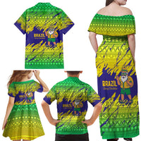 Brazil Christmas Family Matching Off Shoulder Maxi Dress and Hawaiian Shirt with Tropical Santa Tribal Pattern National Colors and Merry Christmas Text Design - Wonder Print Shop