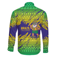 Brazil Christmas Family Matching Off Shoulder Short Dress and Hawaiian Shirt with Tropical Santa Tribal Pattern National Colors and Merry Christmas Text Design - Wonder Print Shop
