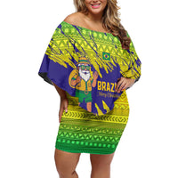 Brazil Christmas Family Matching Off Shoulder Short Dress and Hawaiian Shirt with Tropical Santa Tribal Pattern National Colors and Merry Christmas Text Design - Wonder Print Shop