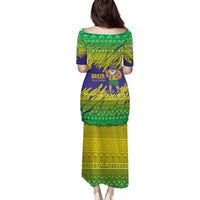 Brazil Christmas Family Matching Puletasi and Hawaiian Shirt with Tropical Santa Tribal Pattern National Colors and Merry Christmas Text Design - Wonder Print Shop