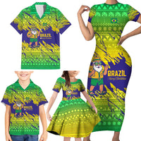 Brazil Christmas Family Matching Short Sleeve Bodycon Dress and Hawaiian Shirt with Tropical Santa Tribal Pattern National Colors and Merry Christmas Text Design - Wonder Print Shop